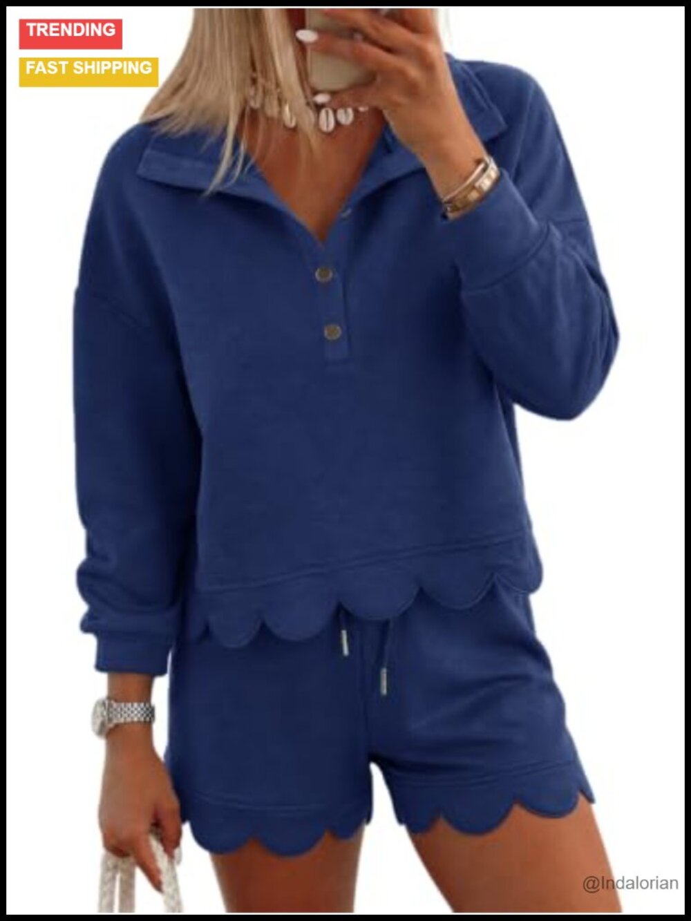 Women's 2 Piece Lounge Set Quarter Button Sweatshirt & Wide Leg Shorts